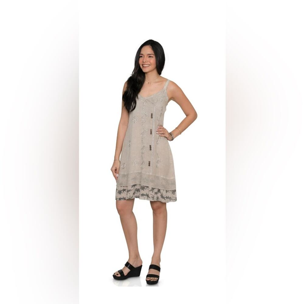 EUC Womens‎ RAYA SUN Swing Dress LARGE Cotton Blend Flowy Palm Trees Gray Ruffle